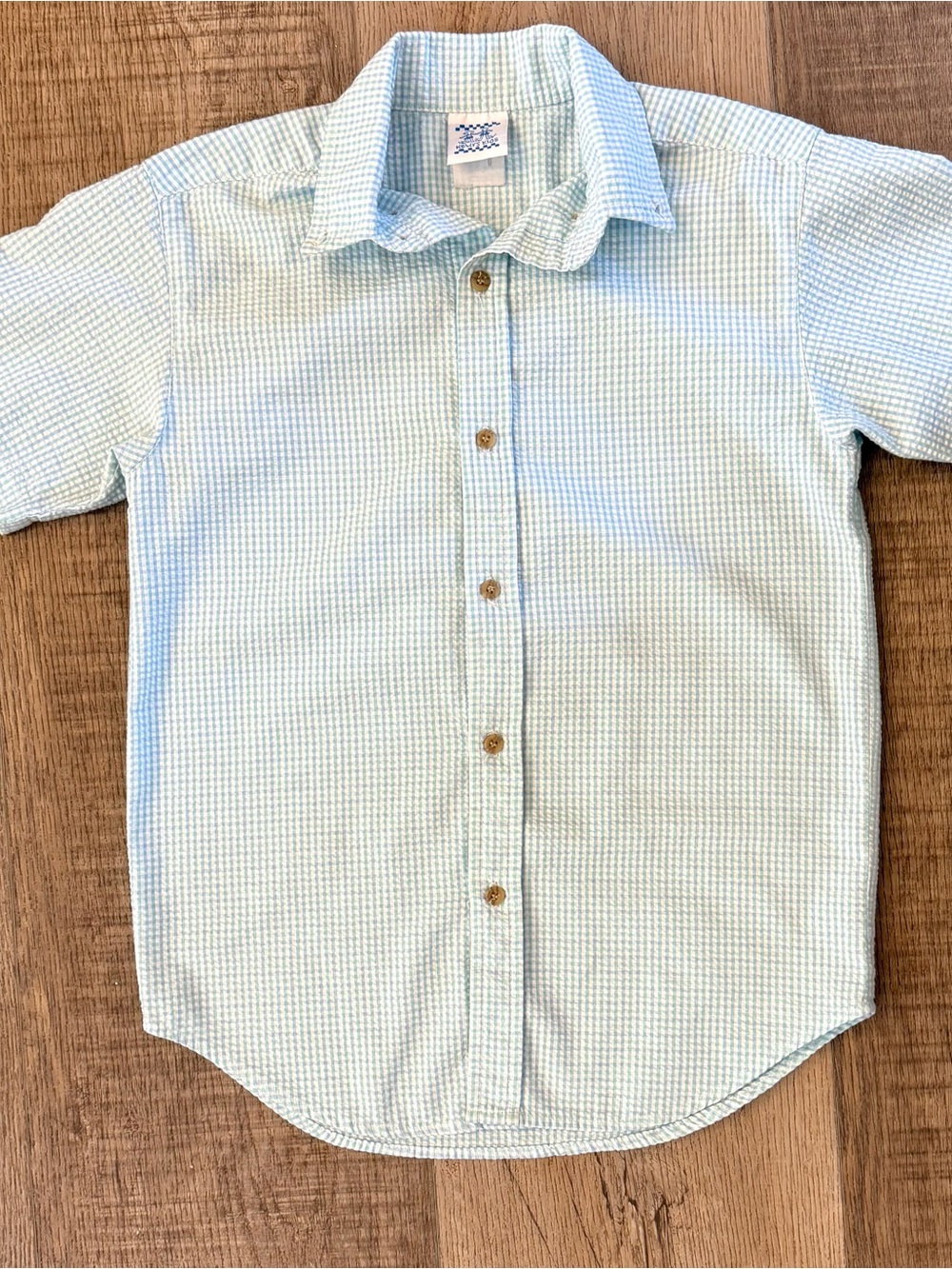 Kelly’s Kids Boys Green White Gingham Seersucker Short Sleeve Button Up Shirt